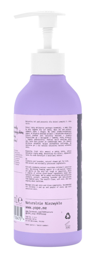 Yope Żel pod prysznic dla dzieci Żurawina i Lawenda 400 ml