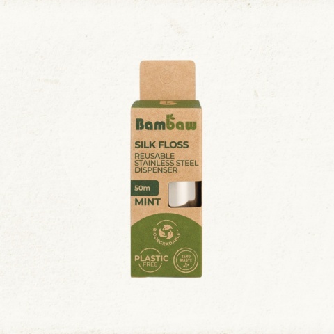 BAMBAW Jedwabna nić dentystyczna z dozownikiem ze stali nierdzewnej, 50 m