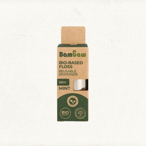 BAMBAW Nić dentystyczna z PLA na bazie kukurydzy, z dozownikiem ze stali nierdzewnej, 50 m