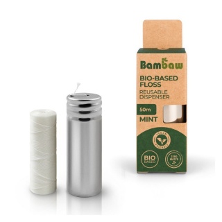 BAMBAW Nić dentystyczna z PLA na bazie kukurydzy, z dozownikiem ze stali nierdzewnej, 50 m