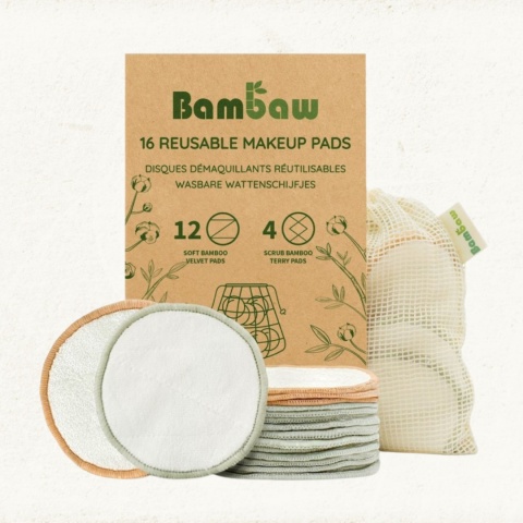 BAMBAW Wielorazowe płatki, waciki kosmetyczne bambusowo-bawełniane, zestaw 16 szt.