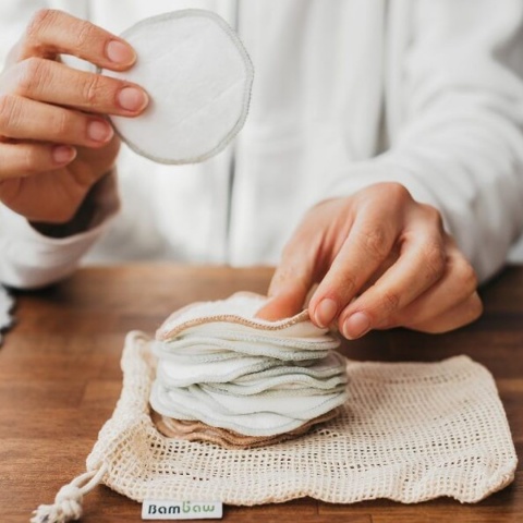 BAMBAW Wielorazowe płatki, waciki kosmetyczne bambusowo-bawełniane, zestaw 16 szt.