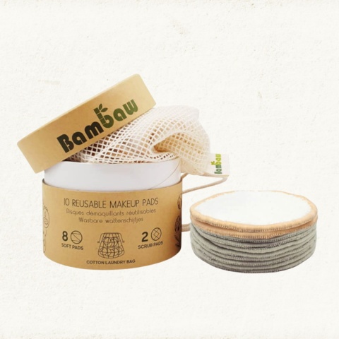 BAMBAW Zestaw 10 wacików bambusowych o różnej miękkości, z woreczkiem do prania