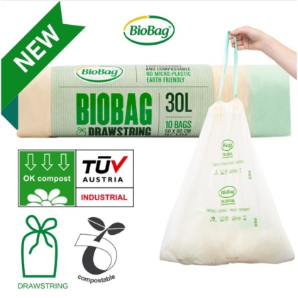 BIOBAG Worki z taśmą na odpady organiczne i zmieszane, 30L, rolka 10 szt., w 100% biodegradowalne i kompostowalne