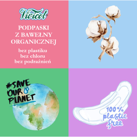 VIVICOT BIO Podpaski NA DZIEŃ, ze skrzydełkami, z organicznej bawełny, niebielone chlorem 14 sztuk