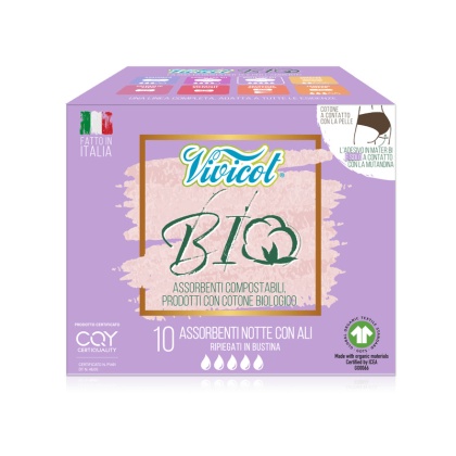 VIVICOT BIO Podpaski NA NOC, ze skrzydełkami, z organicznej bawełny, niebielone chlorem 10 sztuk