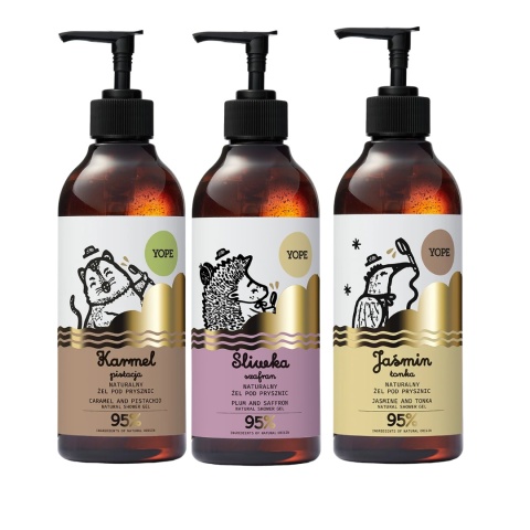 YOPE Zestaw 3 Żeli pod Prysznic – Jaśmin i Tonka, Karmel i Pistacja, Śliwka i Szafran – 3 × 400 ml