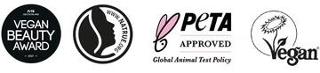 Logotypy certyfikatów wegańskich i cruelty-free: Vegan Beauty Award, Cruelty Free, PETA Approved, Vegan Society